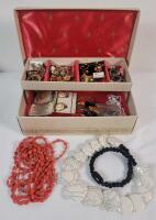 Vintage Assorted Jewelry w/Jewelry Box . Includes Necklaces, Earrings , Rings , and Brooches