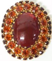 Vintage Orange & Burgundy Rhinestone Dome Brooch, 2" Long