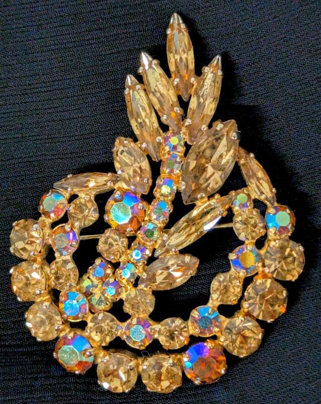 Stunning Vintage Amber & AB Aurora Borealis Rhinestone Brooch, 2.25" Long