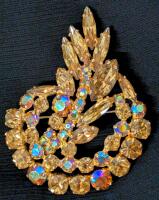 Stunning Vintage Amber & AB Aurora Borealis Rhinestone Brooch, 2.25" Long