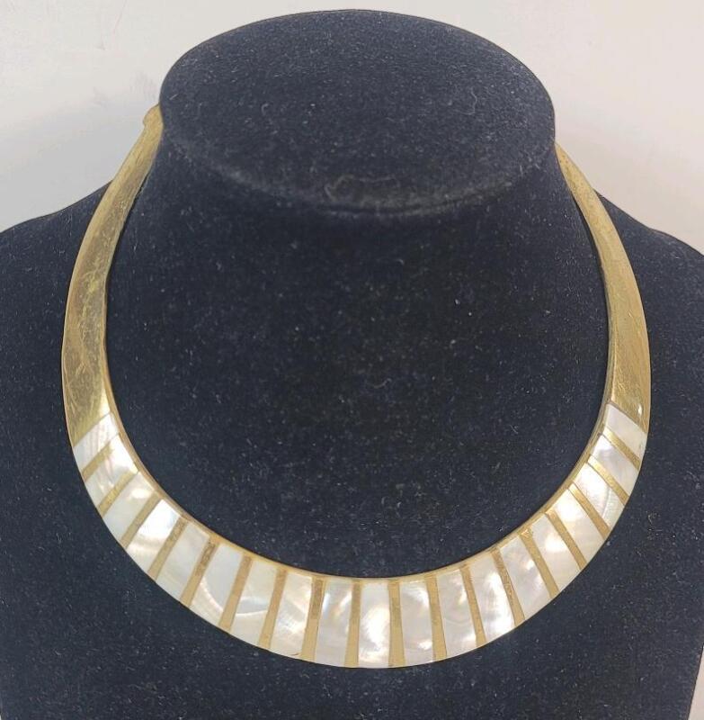 Vintage 1970s Made in India BoHo Chic Brass Collar Necklace w/Mother of Pearl Inlay . See photos for size
