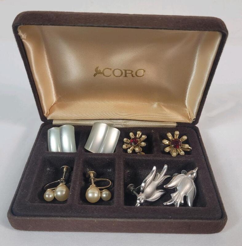 4-Pairs Vintage CORO Earring Sets w/Coro Box . All Signed " Coro " .