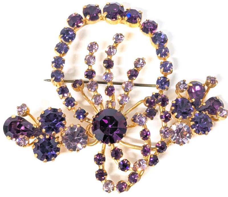 Stunning Vintage AUSTRIAN CRYSTAL Floral Spray Grape Rhinestone Brooch, 2.75" &times; 2.5"