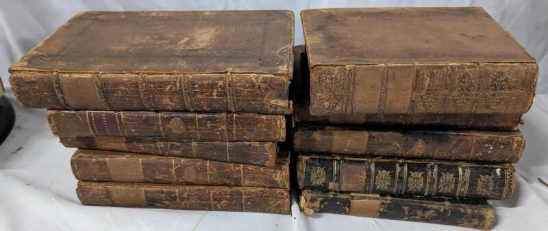 10 Antique to Vintage (possibly all Antique) books. Some dates Early 1700's. One in Greek. Tallest 8"