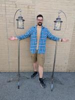 Pair of HUGE 75" Tall Garden Lantern Stands with Removable Lanterns, Mismatched Glass Candle Holders Inside. Mike for Scale (Though Not For Scale)