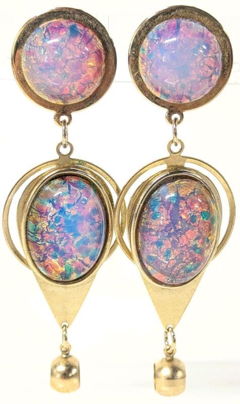Pair of Really Pretty Vintage Fire Opaline Dangly Clip-On Earrings, 3.5" Long