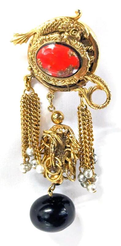 Eclectic Vintage Sea Serpent-Topped Orange-Red Speckled Stone Chunky & Dangly Brooch, 3.5" Long