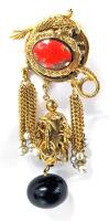 Eclectic Vintage Sea Serpent-Topped Orange-Red Speckled Stone Chunky & Dangly Brooch, 3.5" Long