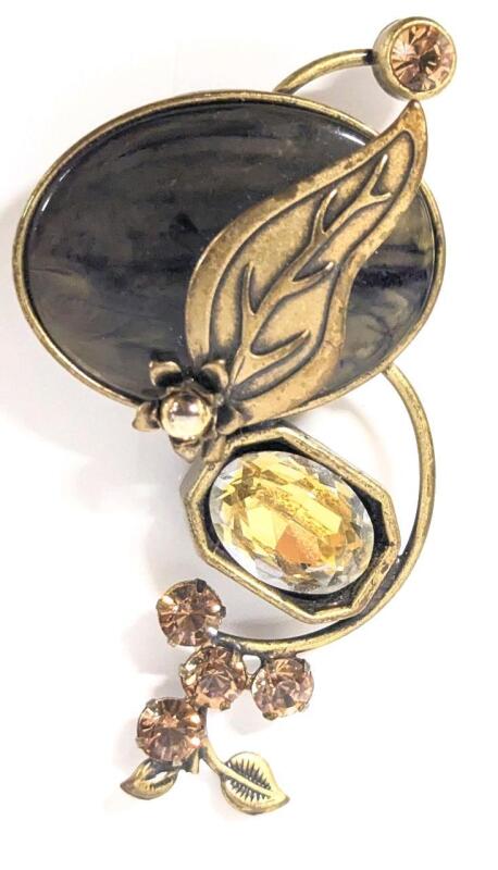 Neat Oversized Vintage Brooch with Rhinestones, Bezel-Set Enamel Oval & Pendant Loop, 3.25" Long