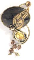 Neat Oversized Vintage Brooch with Rhinestones, Bezel-Set Enamel Oval & Pendant Loop, 3.25" Long