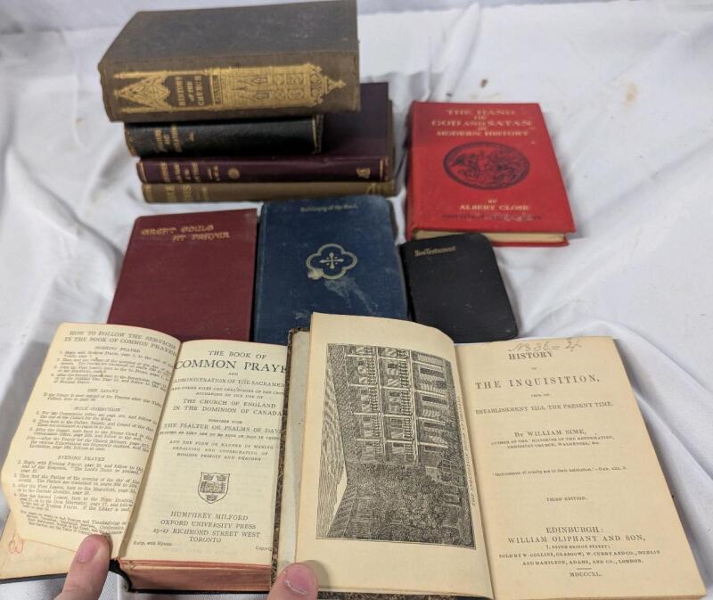 10 Antique to Newer Books (possibly all antique). Hard and Soft Cover. Titles in First picture. Tallest 7.45"