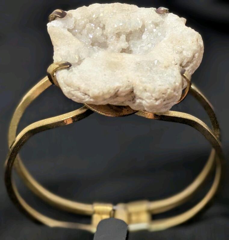WOW! Large Vintage Super Chunky Crystal Geode Hinge Clasp Bracelet, 2.35" &times; 2", Stone 1.65" &times; 1.75" &times; 0.5" Deep