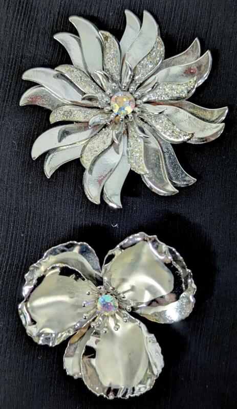 2 Gorgeous Vintage Metal Floral Brooches with AB Aurora Borealis Crystals, Up to 2.8" Diameter
