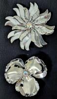 2 Gorgeous Vintage Metal Floral Brooches with AB Aurora Borealis Crystals, Up to 2.8" Diameter