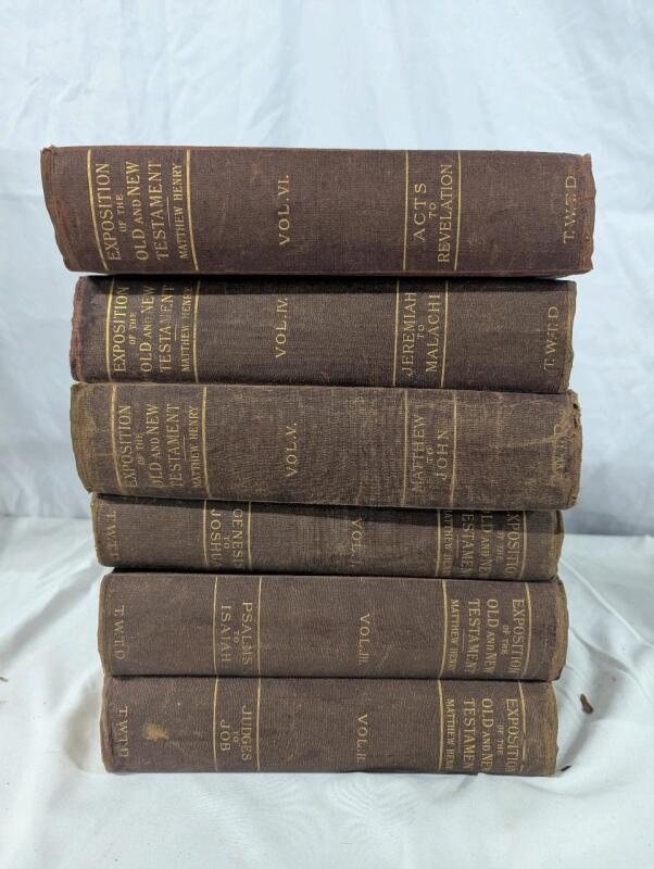 6 Vintage (Possibly Antique) Books. Volumes 1-6 of Exposition if the Old & New Testament by Mathew Henry. 9" Tall.