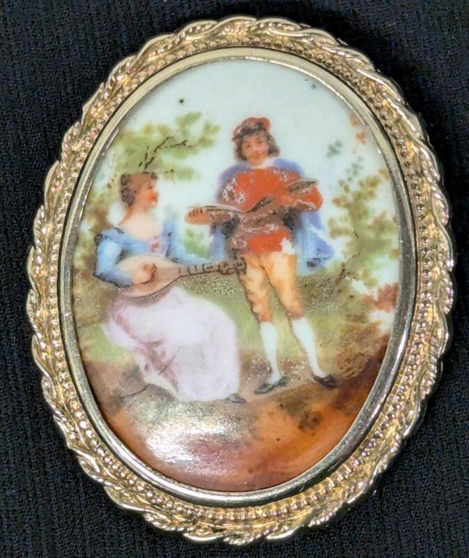 Vintage Signed CORO Porcelain Victorian Courting Scene Brooch, 2" Long