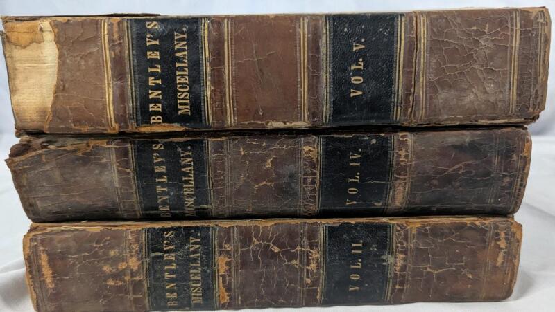 Antique Hardcover Copies if Bentley's Miscellany Volume 2, 4, and 5. Published between 1838-1840. 9" Tall.