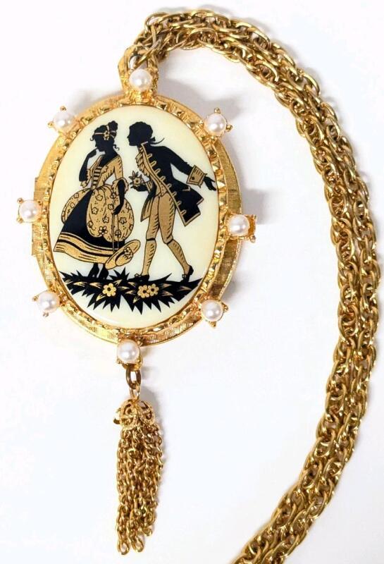 Victorian-Revival-Style Painted Porcelain Cameo Locket Necklace, 20" Long Chain, Locket 1.5" &times; 1.75"