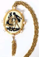 Victorian-Revival-Style Painted Porcelain Cameo Locket Necklace, 20" Long Chain, Locket 1.5" &times; 1.75"