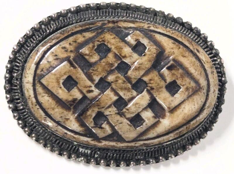 Vintage Moulded Celtic Knot Bezel-Set Sterling Silver Brooch, 2.25" Long