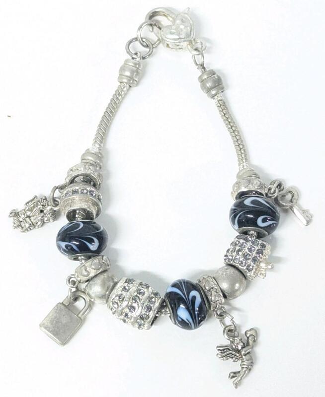 Vintage Charm Bracelet with 4 Charms (Cherub/Angels & Lock/Key), 3 Fused Glass Beads +, 8" Long