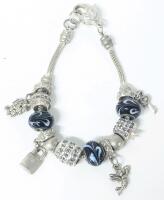 Vintage Charm Bracelet with 4 Charms (Cherub/Angels & Lock/Key), 3 Fused Glass Beads +, 8" Long