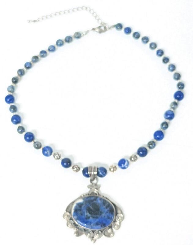 Vintage Lapis Lazuli + Sterling Silver Stamped 925 Necklace, 18" Long