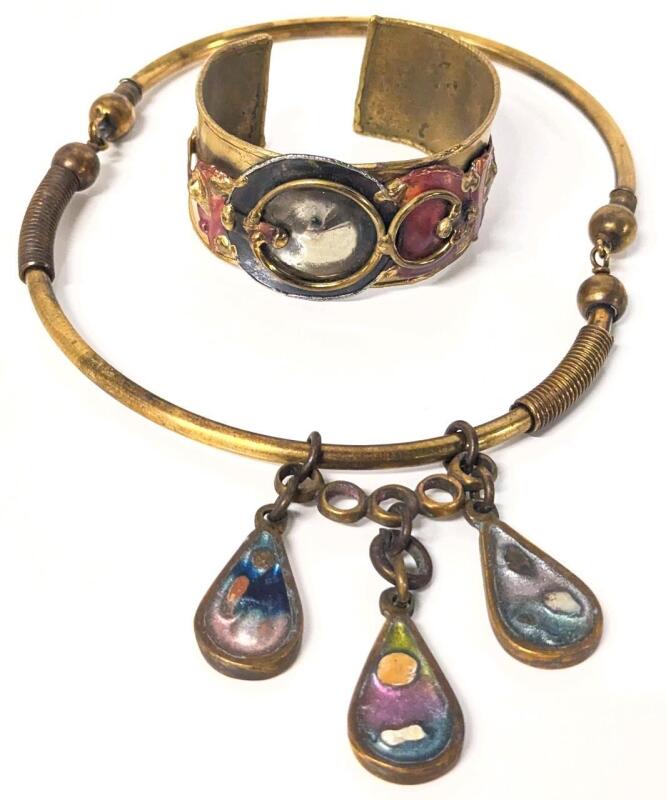 Super Heavy Vintage Modernist Artisian Brass Dichroic Glass Torque Choker 5" &times; 6" & Bold Mixed-Metal Open Cuff Bracelet 1.25" Wide