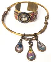 Super Heavy Vintage Modernist Artisian Brass Dichroic Glass Torque Choker 5" &times; 6" & Bold Mixed-Metal Open Cuff Bracelet 1.25" Wide