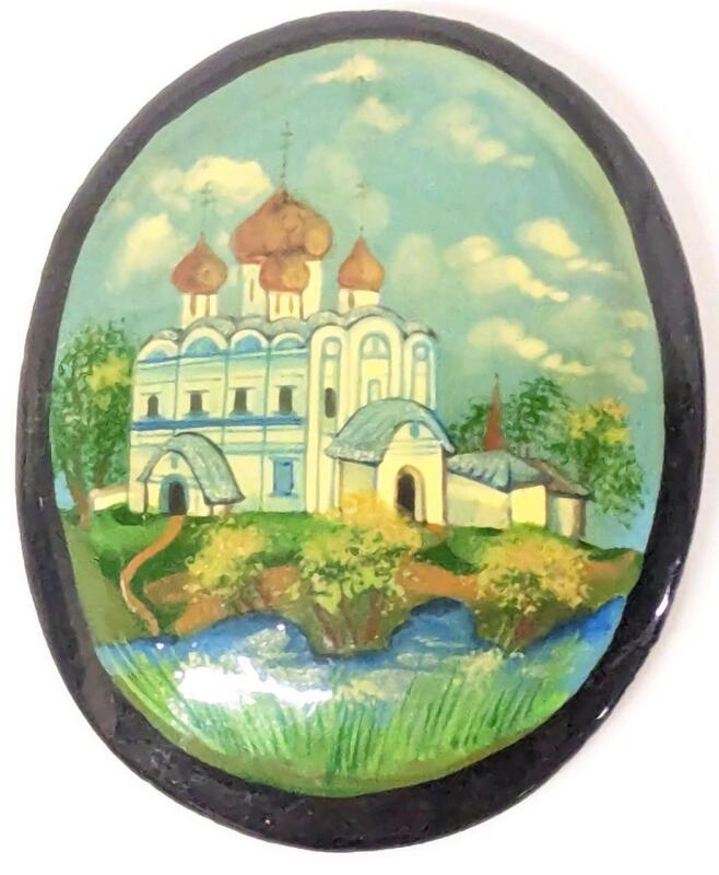 Stunning Signed Vintage Super High Gloss Russian Laquer on Wood Brooch, 1.75" Long
