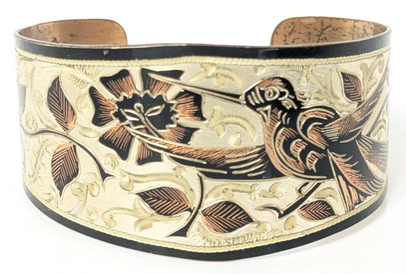Signed Vintage Victoria BC Hand-Carved Bronze/Brass Hummingbird Open Cuff Bracelet, 1.4" At Widest