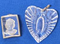 Vintage Young Lady Portrait Intaglio Glass Pendant 1" Necklace & 2" Long Glass Heart "Worry" Pendant