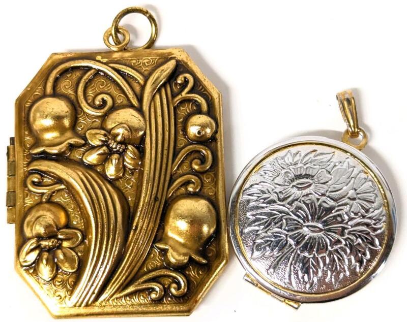 2 Vintage Metal Floral Locket Pendants, Up to 1.75"