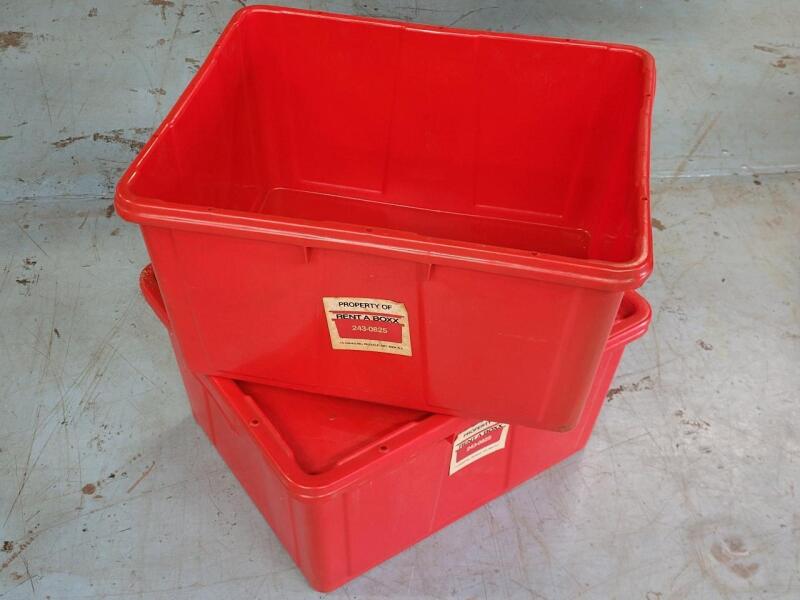 Two (2) Red Storage Bins w/One (1) Lid . Measures 24"&times;19 &frac34;"&times;12" each .