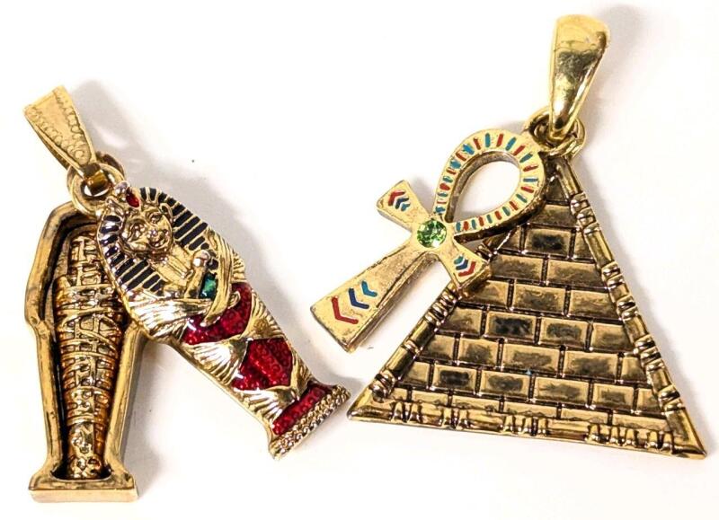 Neat Egyptian-Themed Pendants : Fantastic Sarcophagus with Hinged Lid & Mummy Inside & Pyramid with Ankha | 1.5" Long