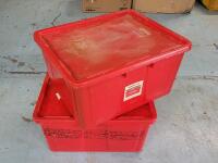 Two (2) Red Storage Bins w/Lids . Measures 24"&times;19 &frac34;"&times;12" each . Crack in the bottom of both bins