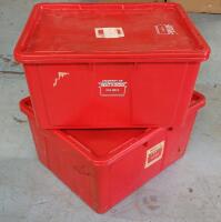 Two (2) Red Storage Bins w/Lids . Measures 24"&times;19 &frac34;"&times;12" each . Crack in the bottom of one bin