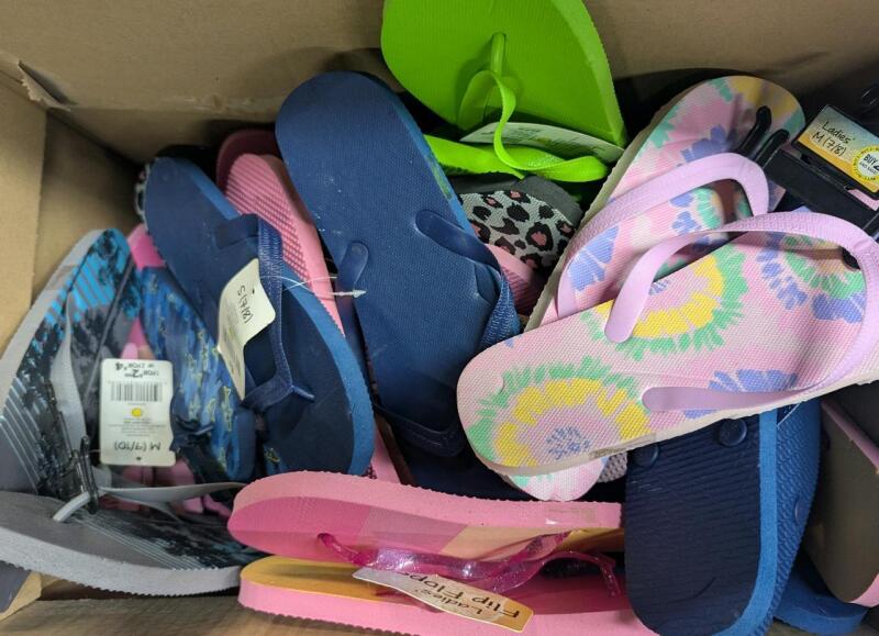 30+ Pairs of Flip Flops. Men's Women's Kids. Variety of Sizes and Styles.