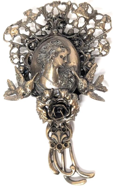 Fantastic Vintage Art Deco Metal Cameo Brooch with Cherubs, Rose & Swallows - 3.8" Long