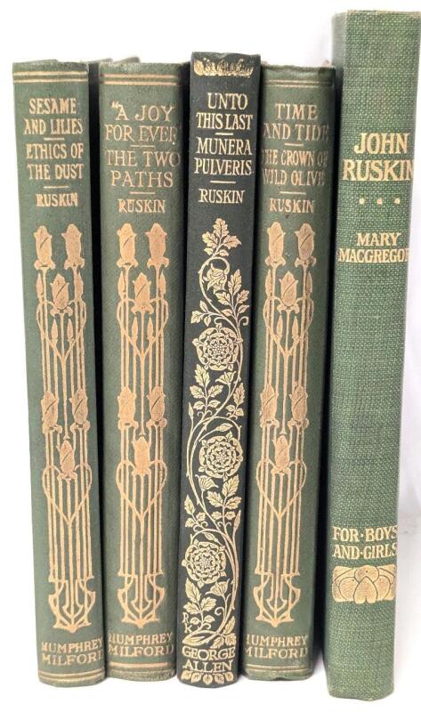 4 Antique (1907-1920) Hardcover Books by RUSKIN: Sesame and Lilies/Ethics of the Dust, A Joy for Ever/The Two Paths, Unto The Last/Munera Pulveris, Time and Tide/The Crown of Wild Olive & For Boys And Girls