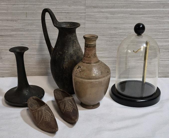 Vintage Collectible Lot - Vases, Wooden Shoes & Pocket Watch Display Case Japan