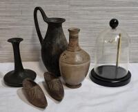 Vintage Collectible Lot - Vases, Wooden Shoes & Pocket Watch Display Case Japan