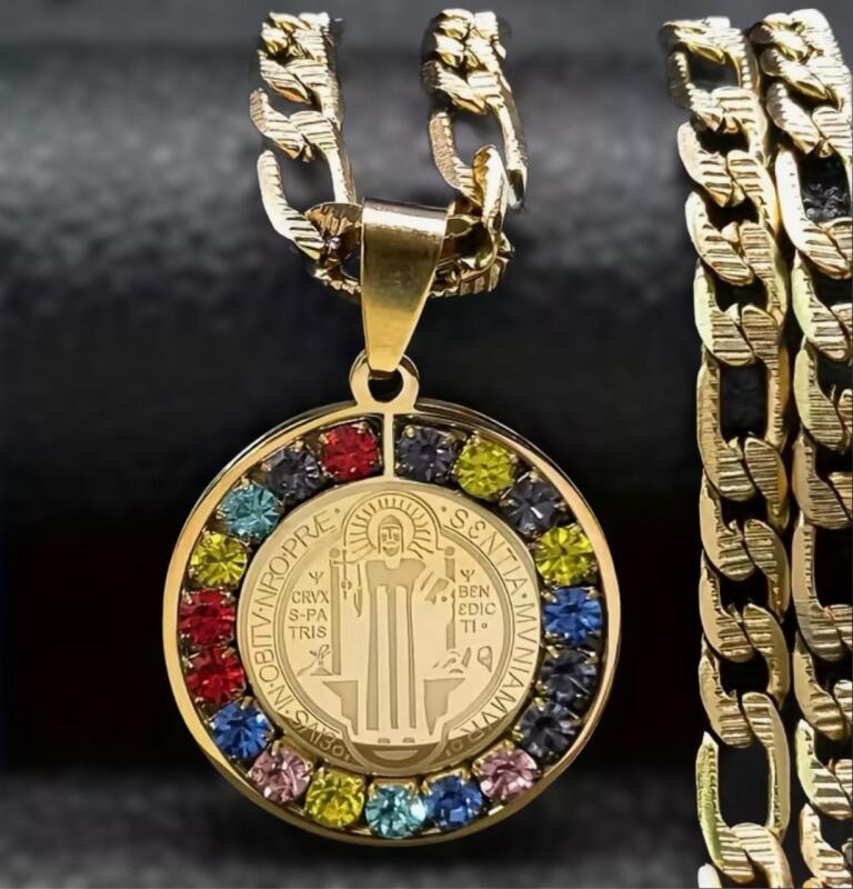 Saint Benedict Medal Necklace with Colorful Rhinestones Round Pendant 1.25&rsquo;&rsquo; Chain 20&rsquo;&rsquo; Sizes approximate