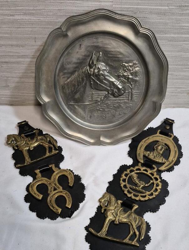 Vintage Brass Horse Tack Medallions & Pewter Plate 8.5" Diameter