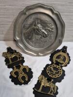 Vintage Brass Horse Tack Medallions & Pewter Plate 8.5" Diameter