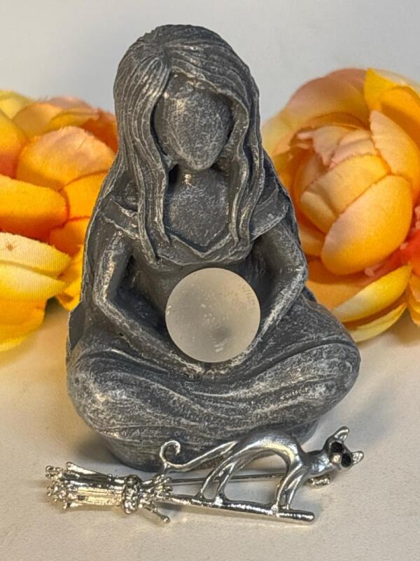 Moon Goddess Small Resin Statue / Elegant Witch's Broom Cat Brooch Vintage Style Flying Cat Design with Broomstick