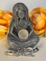Moon Goddess Small Resin Statue / Elegant Witch's Broom Cat Brooch Vintage Style Flying Cat Design with Broomstick