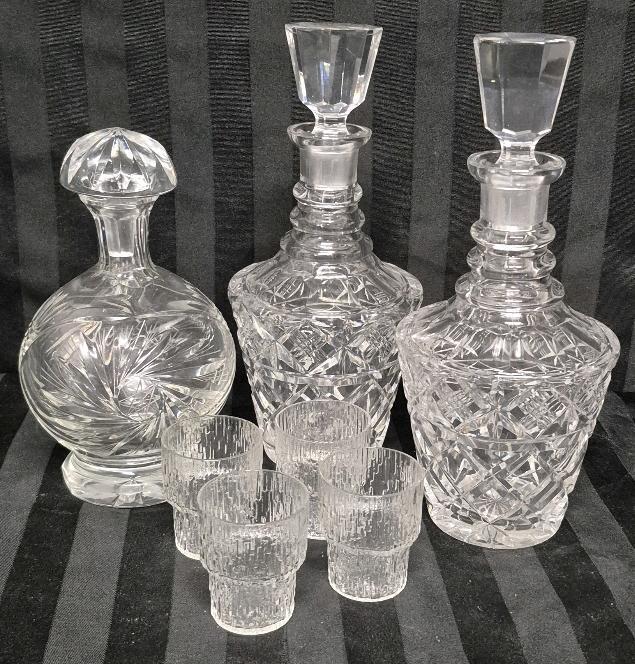 3 Vintage Crystal Decantors and Glasses
