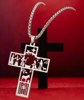 Intricate Cross Pendant Necklace with Engraved Figures Cross 1.8&rsquo;&rsquo; with Bale Chain 24&rsquo;&rsquo;1.5&rsquo;&rsquo; extender approximate