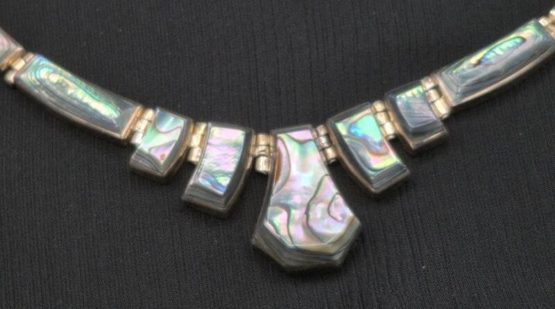 Beautiful Vintage Stamped MEX 925 Abalone Shell Choker Style Necklace 16.5" Long